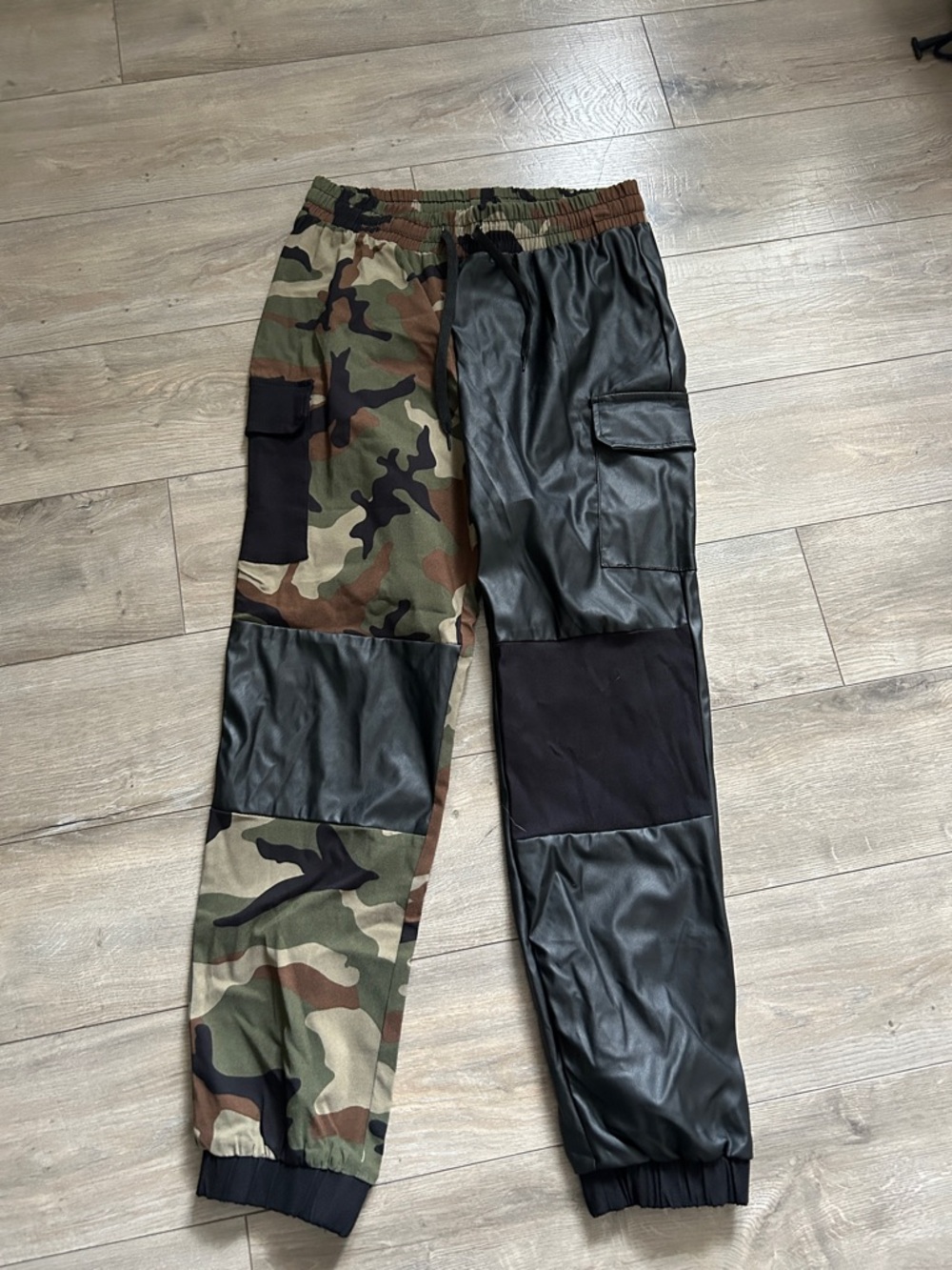 Like an Angel Camouflage & Black Patchwork Cargo Pants with Mixed Fabrics